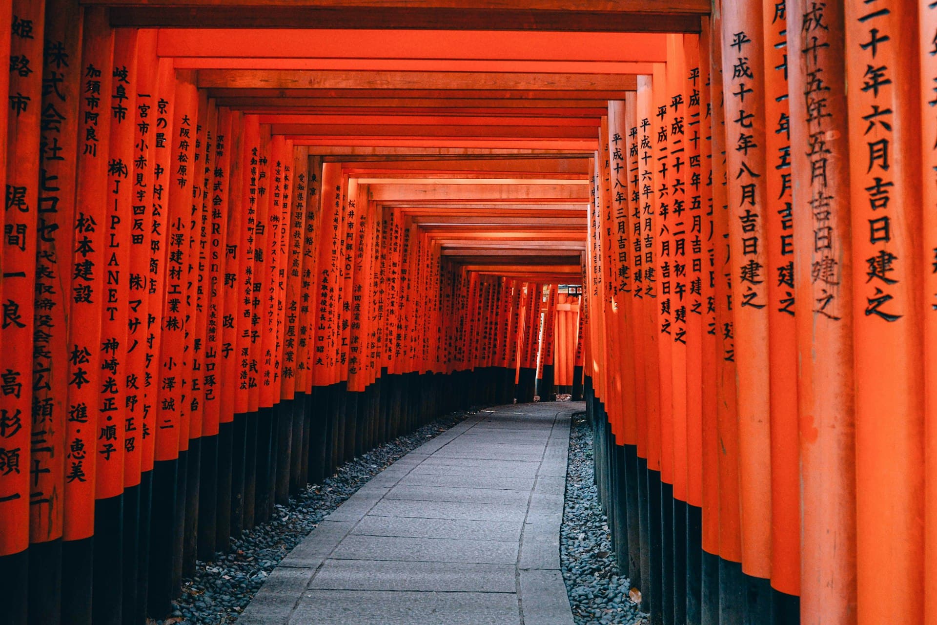 A path of vermilion torii gates in Kyoto